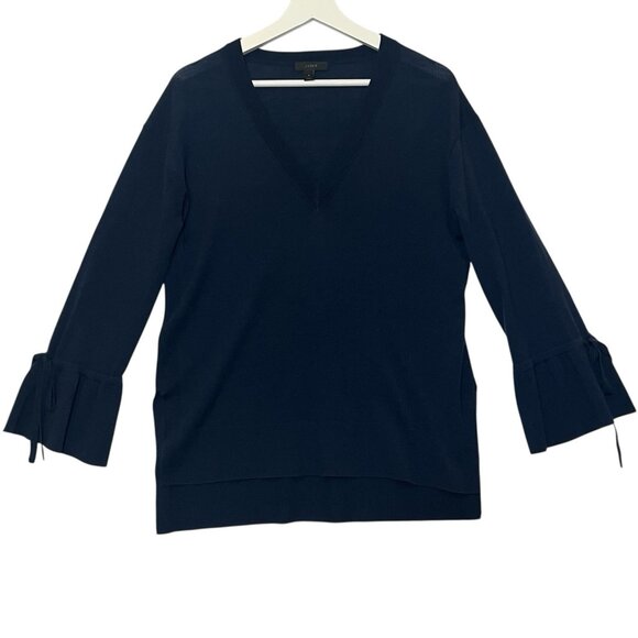 J. Crew Women’s Merino Wool V Neck Small  Sweater drawstring sleeves Navy Blue - Picture 1 of 11